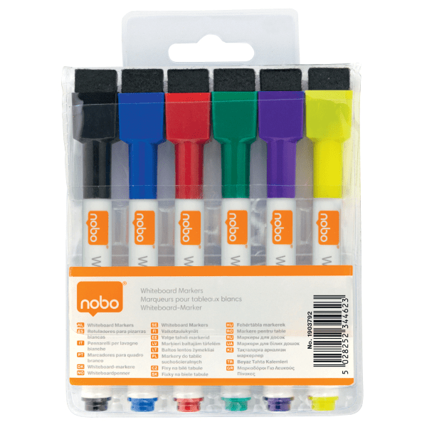 Nobo Mini Whiteboard Pen With Magnetic Eraser Cap 6-pack Assorted Colours