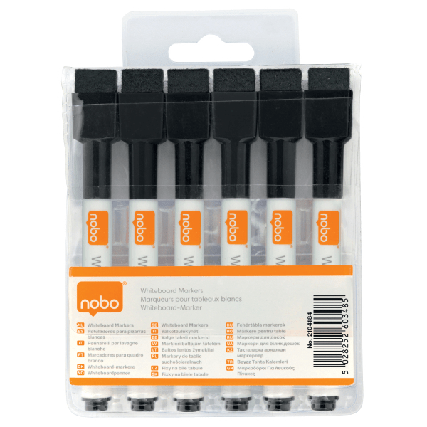 Nobo Mini Whiteboard Pen With Magnetic Eraser Cap 6-pack - Black