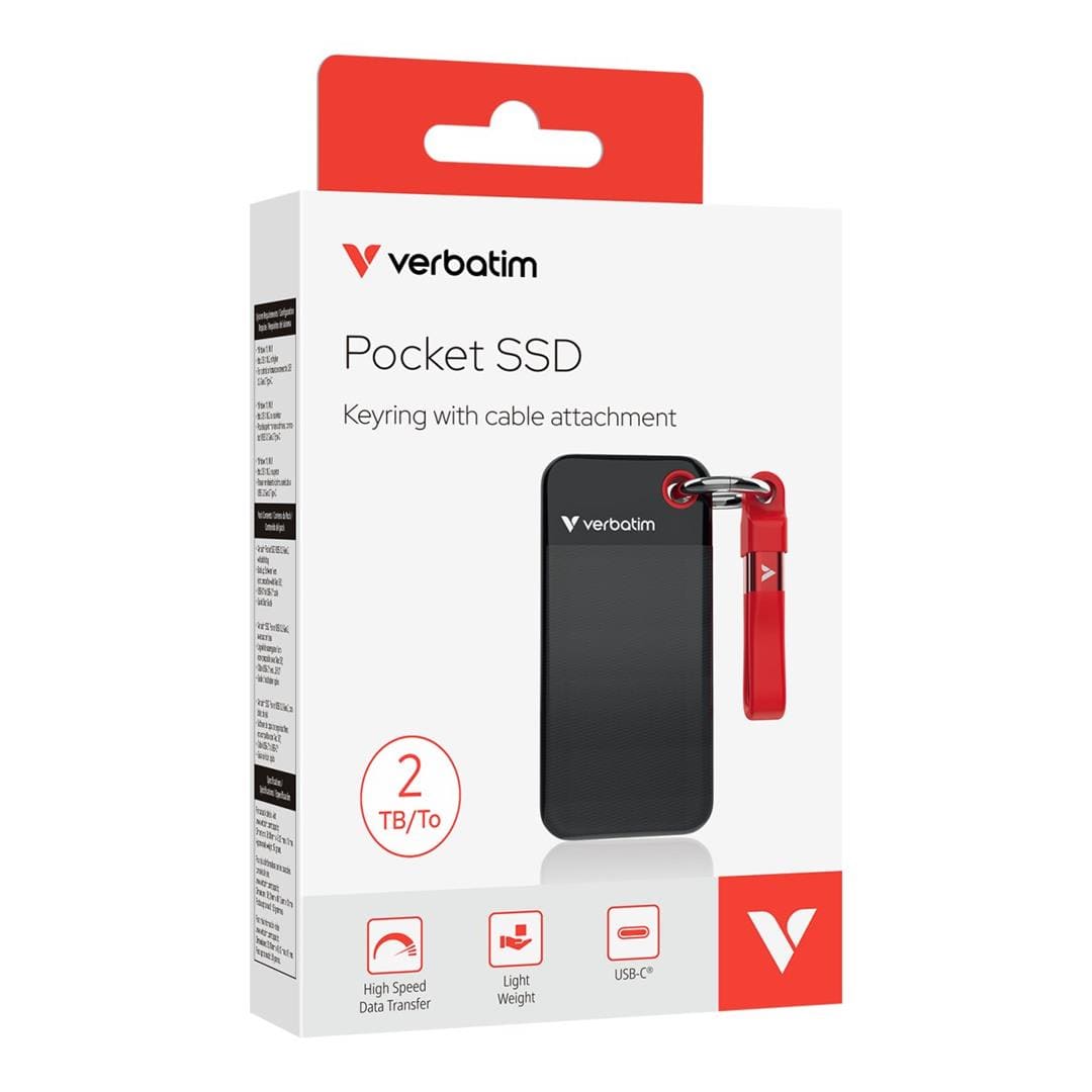 Verbatim 2TB M.2 USB 3.2 External Pocket SSD Black Red 32196