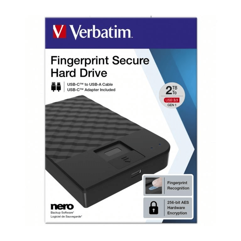 Verbatim 2TB Fingerprint Secure Portable External Hard Drive 53651