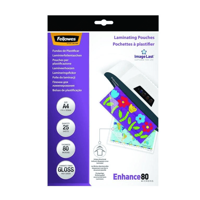 Fellowes Enhance 80 Micron A4 Glossy Laminating Pouches 25-pack 53962