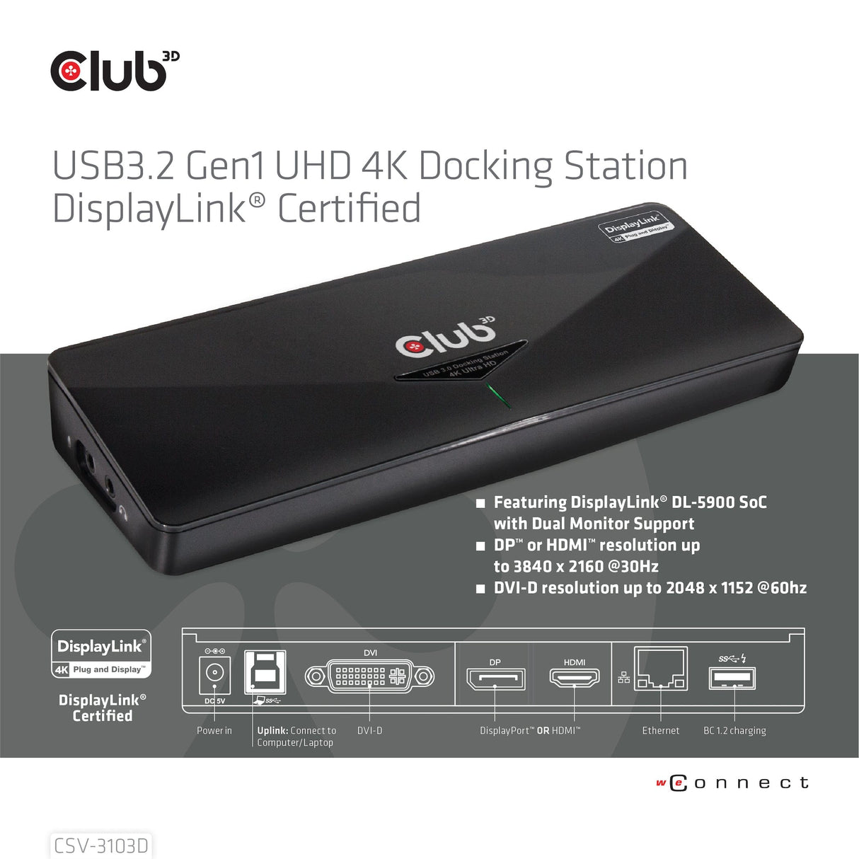 Club3D USB3.2 Gen1 4K Docking Station CSV-3103D