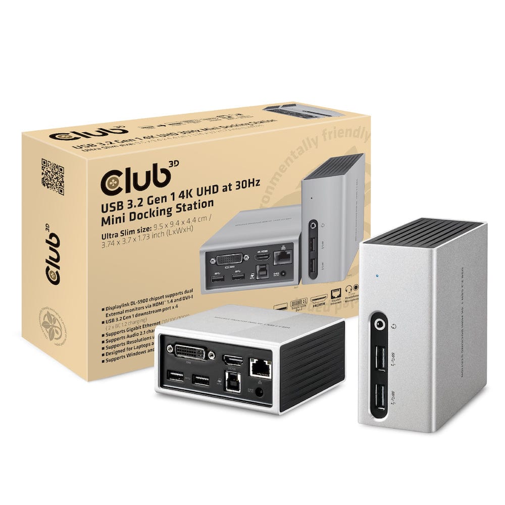 Club 3D USB 3.2 Gen 1 4K UHD at 30Hz Mini Docking Station Ultra Slim Design CSV-3104D