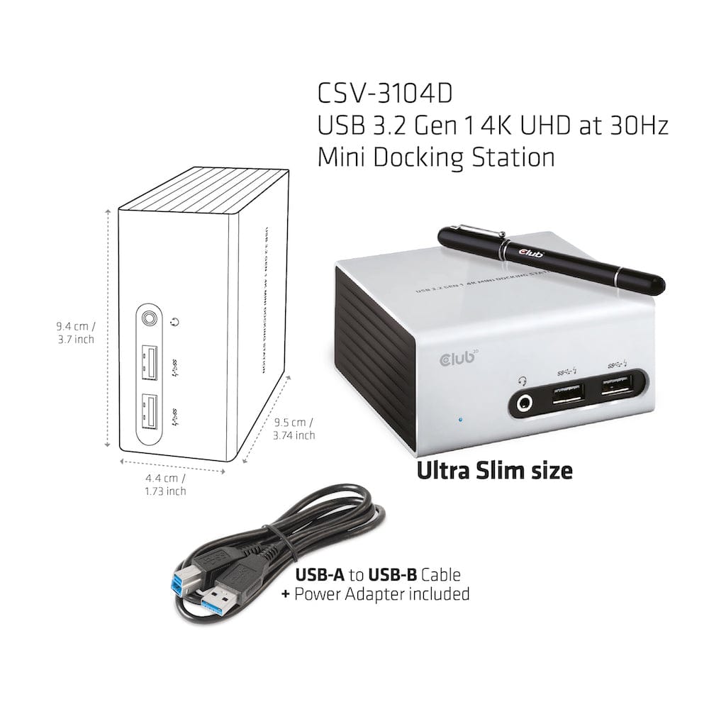 Club 3D USB 3.2 Gen 1 4K UHD at 30Hz Mini Docking Station Ultra Slim Design CSV-3104D