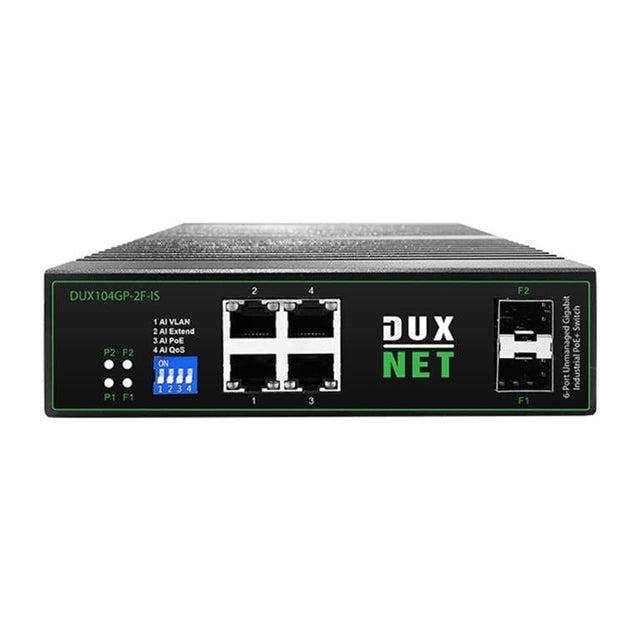 DuxNet 4-port GbE PoE+ Unmanaged Industrial Switch with 2x SFP Ports DUX104GP-2F-IS