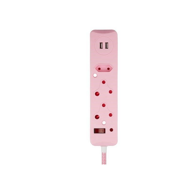 Switched 50cm 3-way Surge Protected Multiplug with Dual 2.4A USB Ports Braided Cord - Pink MS-8501-05-PK