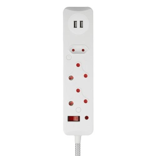 Switched 50cm 3-way Surge Protected Multiplug with Dual 2.4A USB Ports Braided Cord - White MS-8501-05-WT