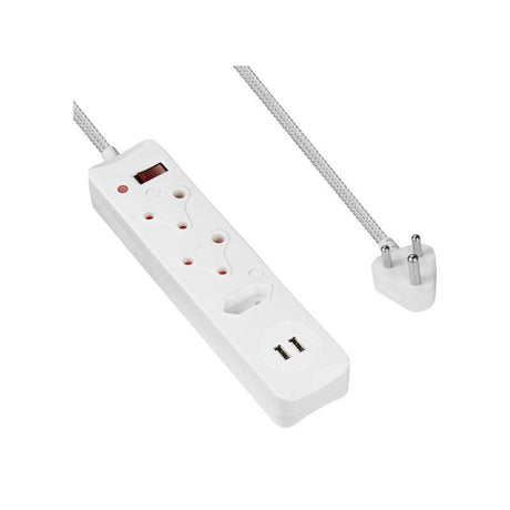 Switched 50cm 3-way Surge Protected Multiplug with Dual 2.4A USB Ports Braided Cord - White MS-8501-05-WT