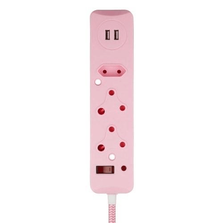 Switched 3M 3-way Surge Protected Multiplug with Dual 2.4A USB Ports Braided Cord - Pink MS-8501-3-PK