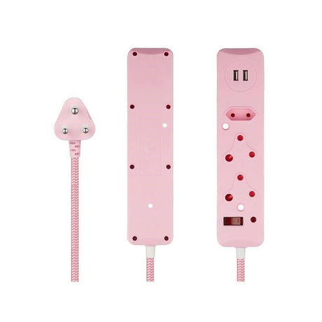 Switched 3M 3-way Surge Protected Multiplug with Dual 2.4A USB Ports Braided Cord - Pink MS-8501-3-PK