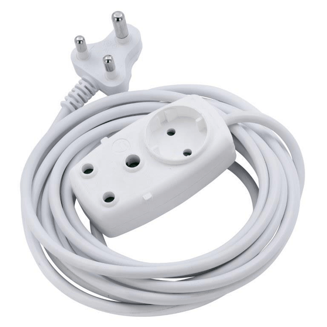 Switched Basics 5m Light Duty Extention Cable 1 x 16A and 1 x Schuko Socket - White SWD-70002-5-WT