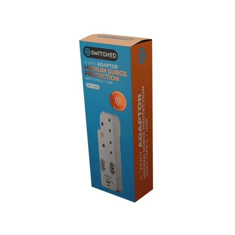 Switched 4-way Medium Surge Protection Adapter with 1x Type-C and 1x USB-A Charger SWD-72012-S-WT