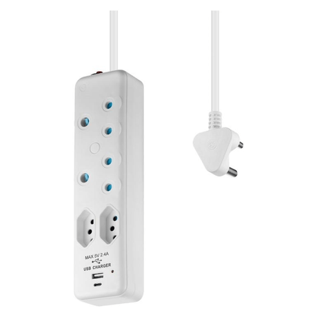 Switched 4-way Multiplug with 2m Cord and 1x Type-C and 1x USB-A Charger SWD-72016-2-WT