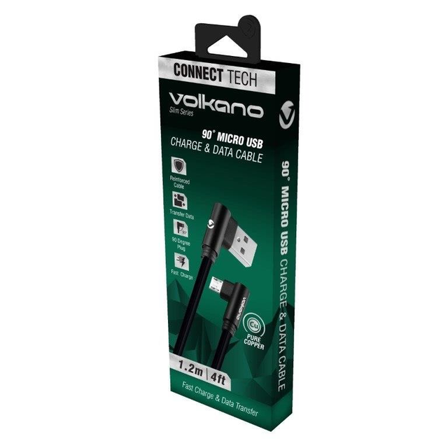 Volkano Slim Series 90-degree Micro USB Charge and Data Cable Black VK-20083-BK