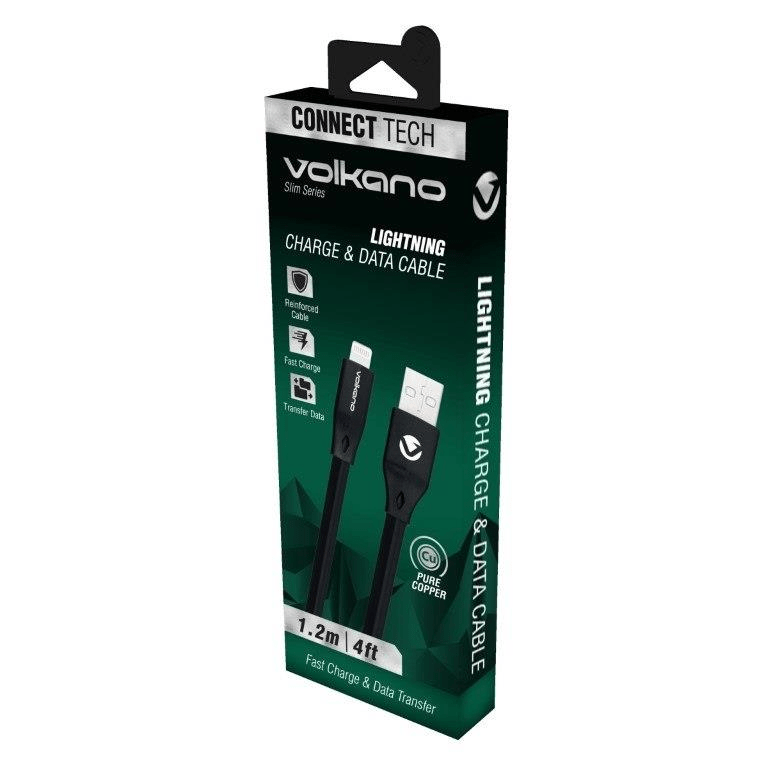 Volkano Slim Series 1.2m Flat PVC Lightning Charge and Data Cable Black VK-20084-BK