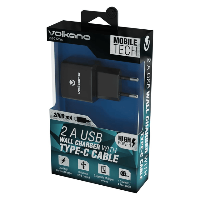 Volkano Volt-C Series USB Wall Charger with USB Type-C Cable VK-5002C-BK