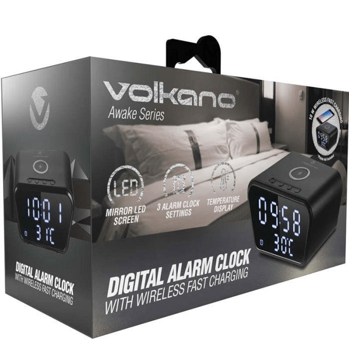 Volkano Awake Series Alarm Clock with Wireless Charging Black VK-8250-BK