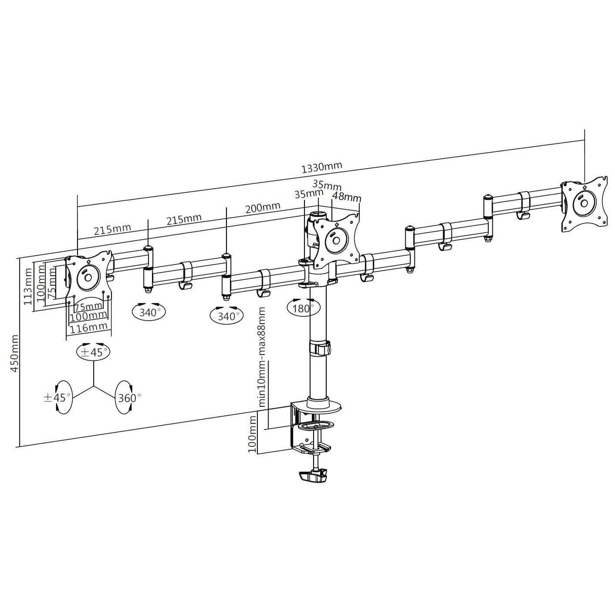 Equip 13-inch to 27-inch Articulating Triple Monitor Desk Mount Bracket 650116