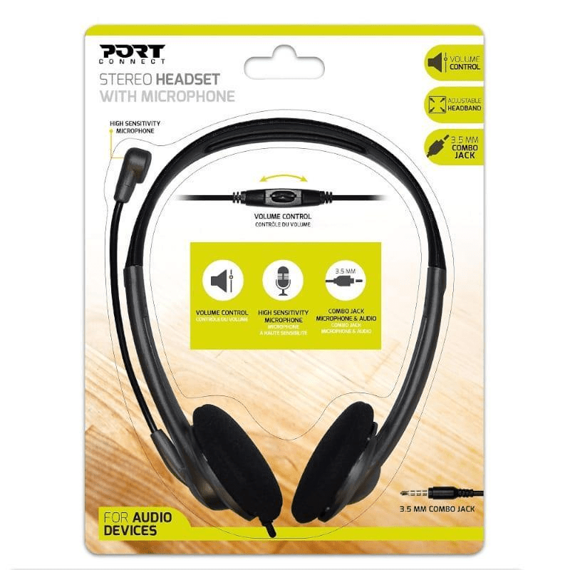 Port Designs Stereo Headset with Mic 1.2m Cable and Volume Controller Black 901603