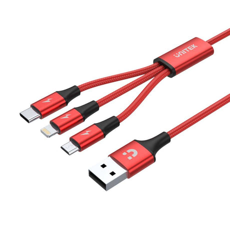 Unitek 1.2m Red Edition 3-in-1 USB-A to USB-C Micro USB Lightning Multi Charging Cable C4049RD