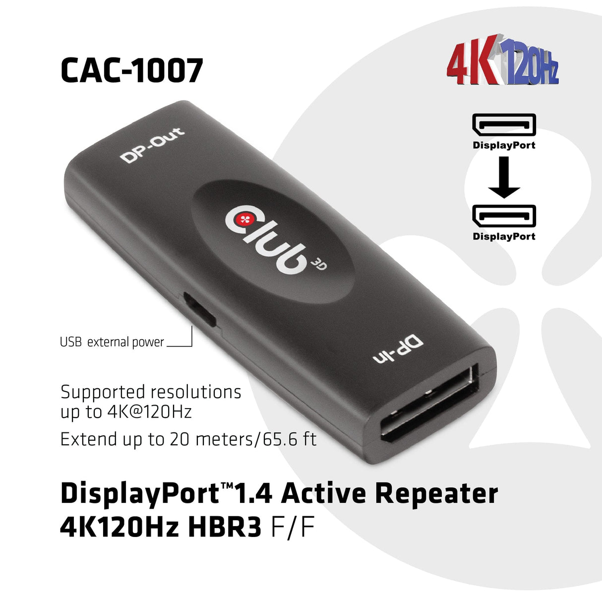 CLUB3D DisplayPort 1.4 Active Repeater 4K120Hz HBR3 F/F