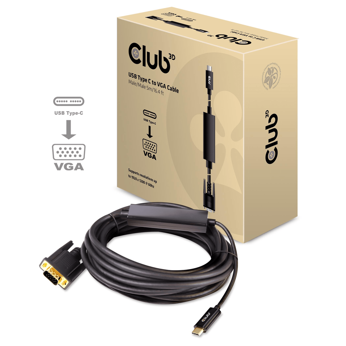 CLUB3D USB Type C to VGA Active Cable M/M 5m/16.40ft