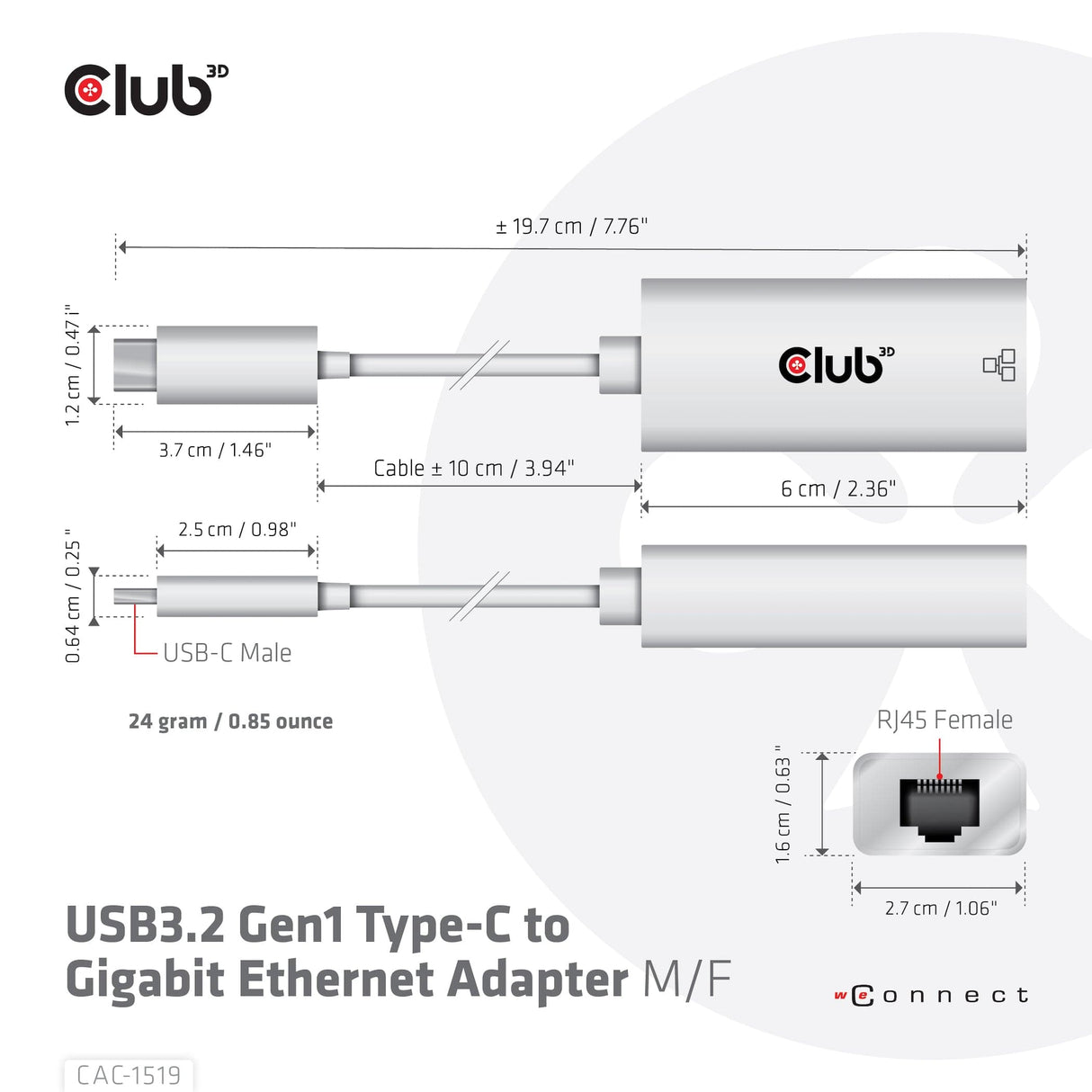 CLUB3D USB3.2 Gen1 Type-C to Gigabit Ethernet Adapter M/F