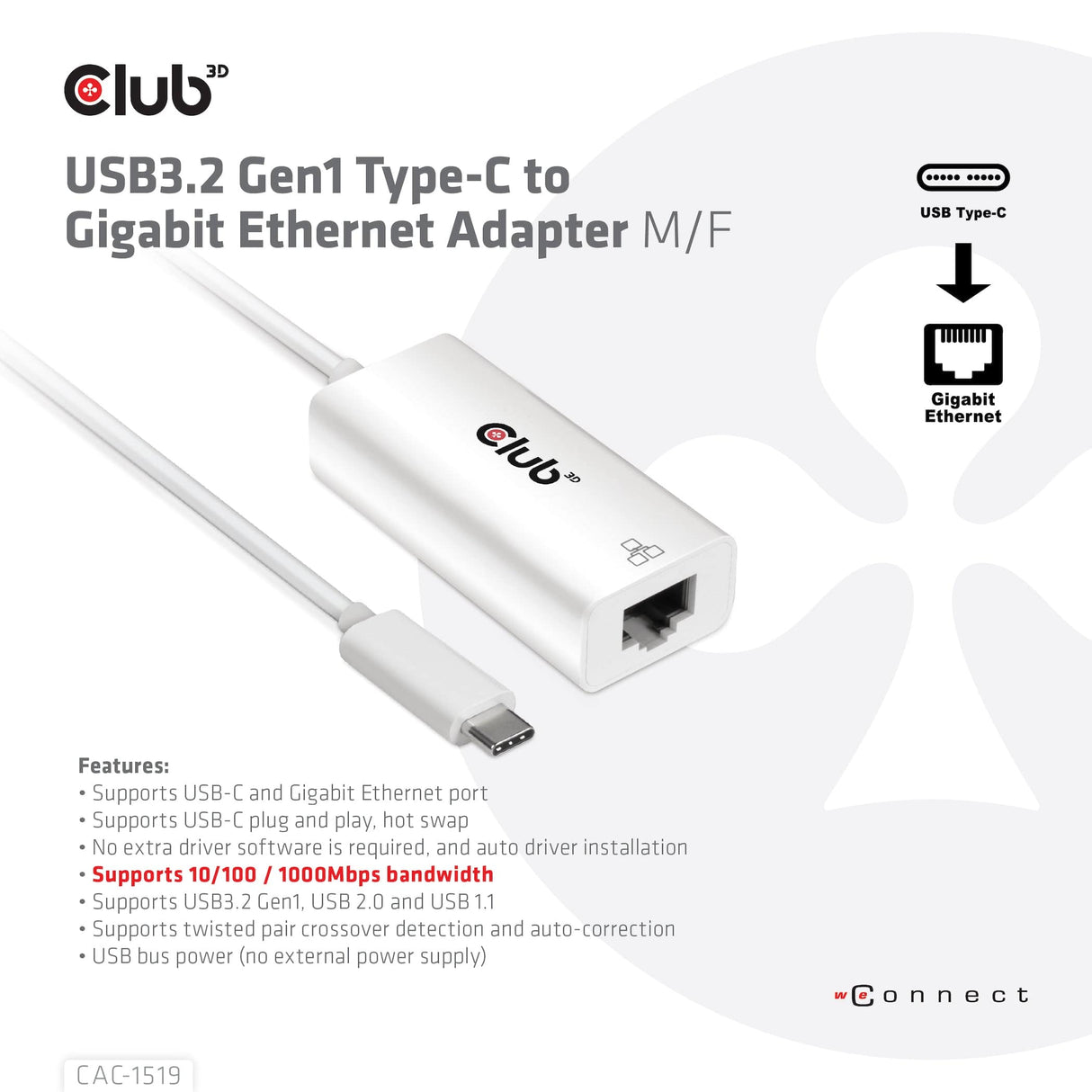 CLUB3D USB3.2 Gen1 Type-C to Gigabit Ethernet Adapter M/F