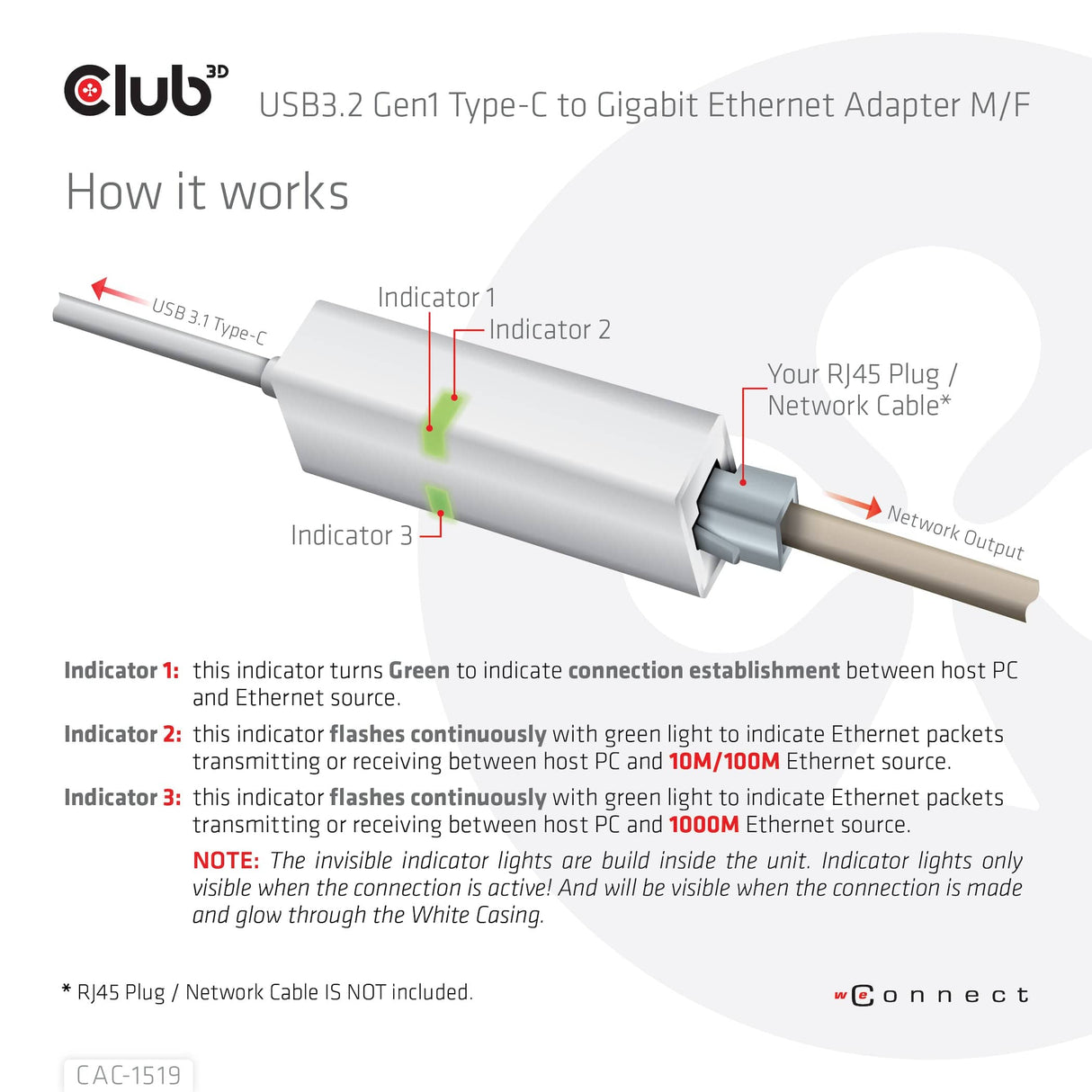 CLUB3D USB3.2 Gen1 Type-C to Gigabit Ethernet Adapter M/F