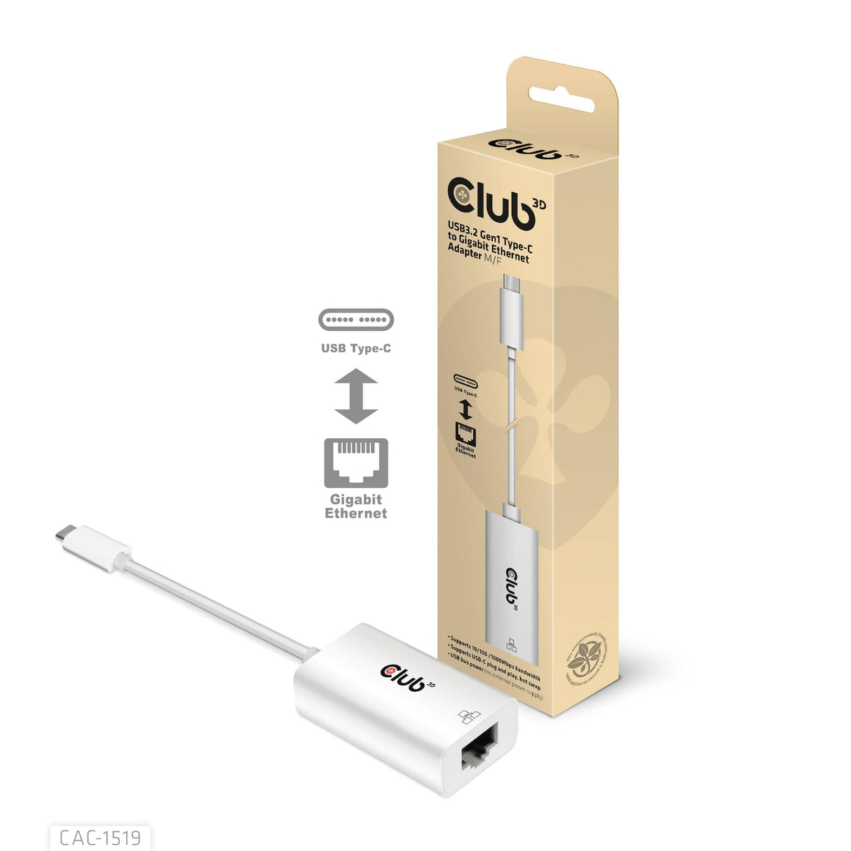 CLUB3D USB3.2 Gen1 Type-C to Gigabit Ethernet Adapter M/F