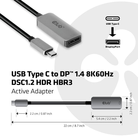 CLUB3D USB Type C to DisplayPort 1.4 8K60Hz HBR3 Active Adapter