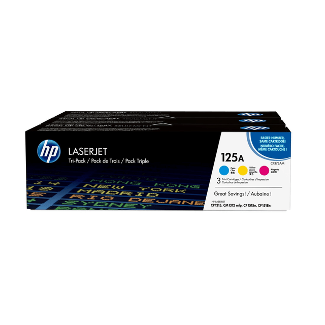 HP 125A CMY Cyan Magenta Yellow Toner Cartridges 1,400 Pages Original CF373AM 3-pack