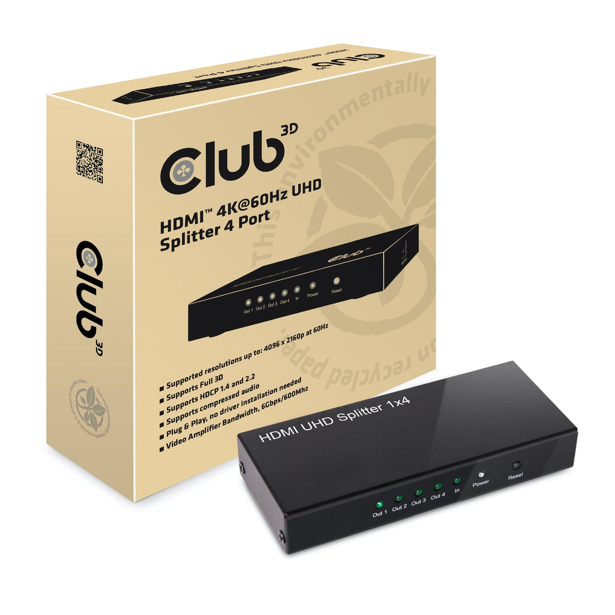 CLUB3D HDMI™ 4K@60Hz UHD Splitter AC Power 4 ports