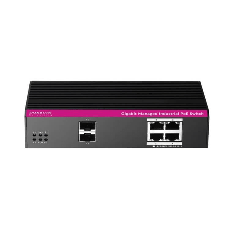 Duxbury AI 4-port PoE+ Gigabit L2 Smart Managed Industrial Switch with 2-port SFP DUX104GPS-2F-IS