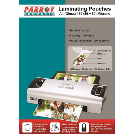 Parrot Laminating Pouches A4 Gloss 220x310mm 160 80 and 80 Microns 100-pack LFA480