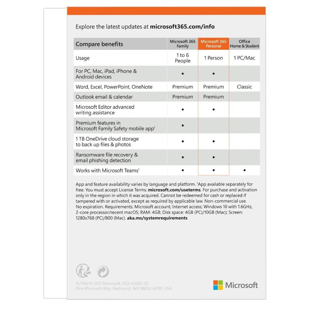 Microsoft 365 Personal PC Mac and Mobile 1-user 12-month Subscription FPP QQ2-01403