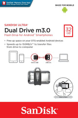 SanDisk Ultra Dual M3.0 32GB USB 3.2 Gen 1 Type-A / Black Silver and Transparent USB Flash Drive SDDD3-032G-G46