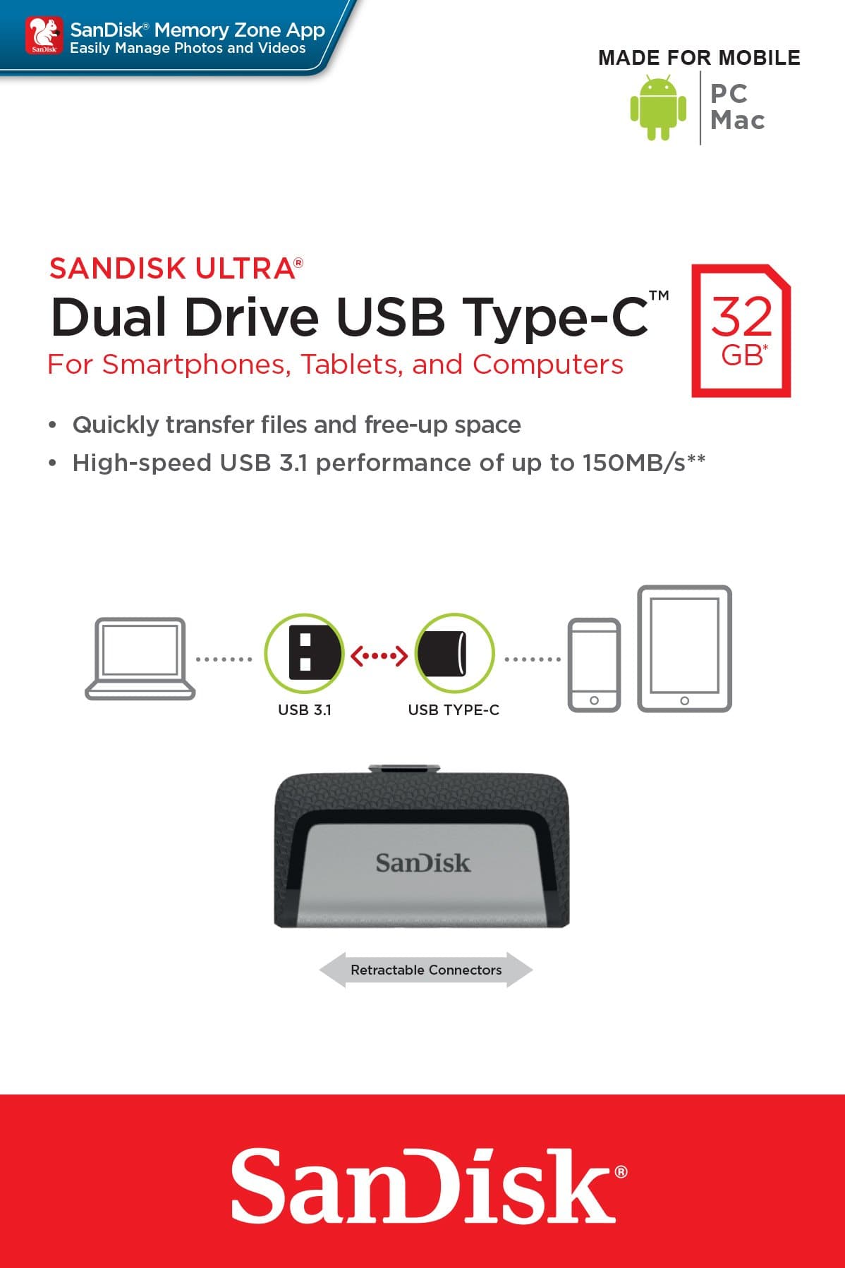 SanDisk Ultra Dual Drive USB Type-C 32GB Type-A / 3.2 Gen 1 Black and Silver Flash SDDDC2-032G-G46