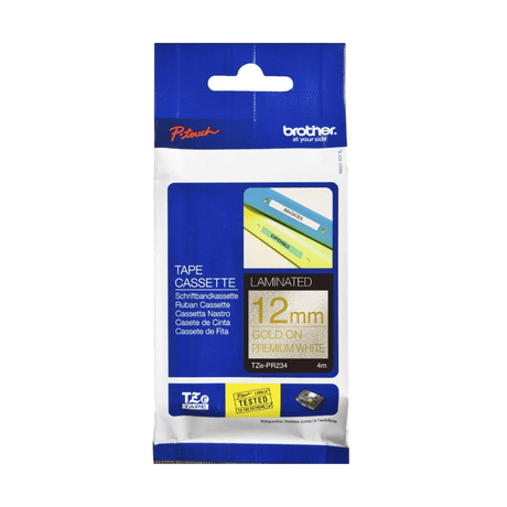 Brother TZe-PR234 12mm x 4m Gold on Premium White Laminated Tape