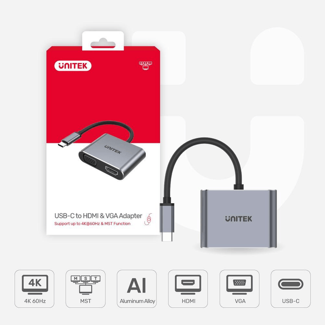 Unitek 4K 60Hz USB-C to HDMI 2.0 and VGA Adapter with MST Dual Monitor V1126A